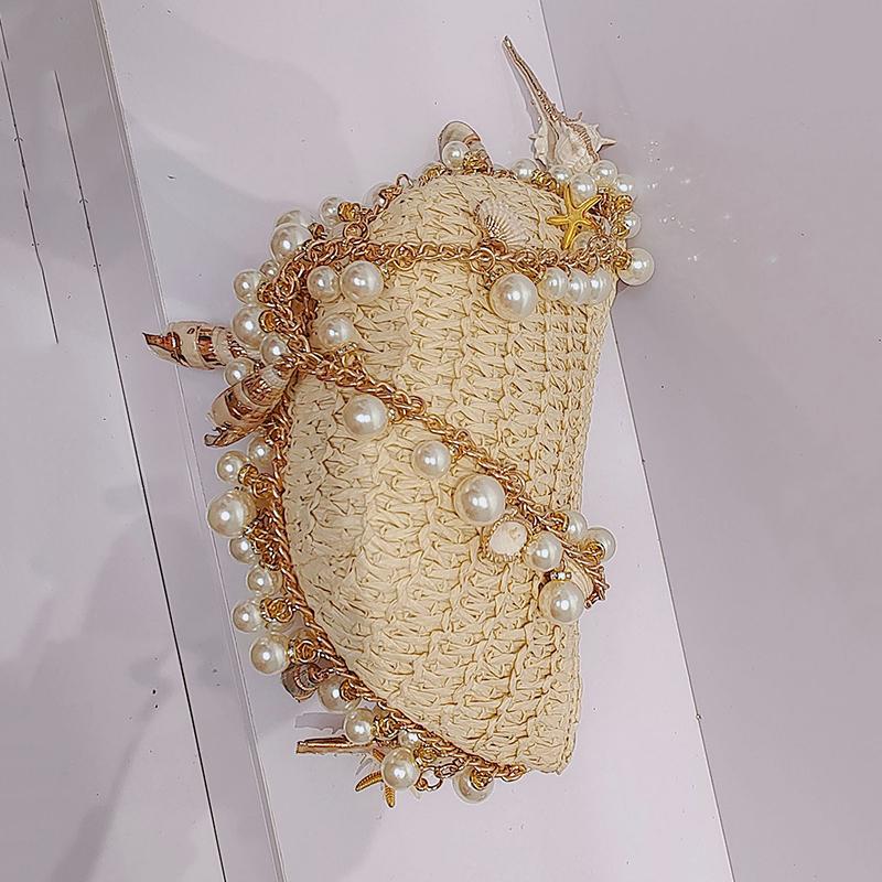 Yogodlns Borsa da Donna Bohémienne in Paglia Perle Conchiglia Borse Intrecciate a Mano Intrecciata a Mano Conchiglia Stella Marina Borsa da Spiaggia Rattan Mezza Luna Borse a Spalla