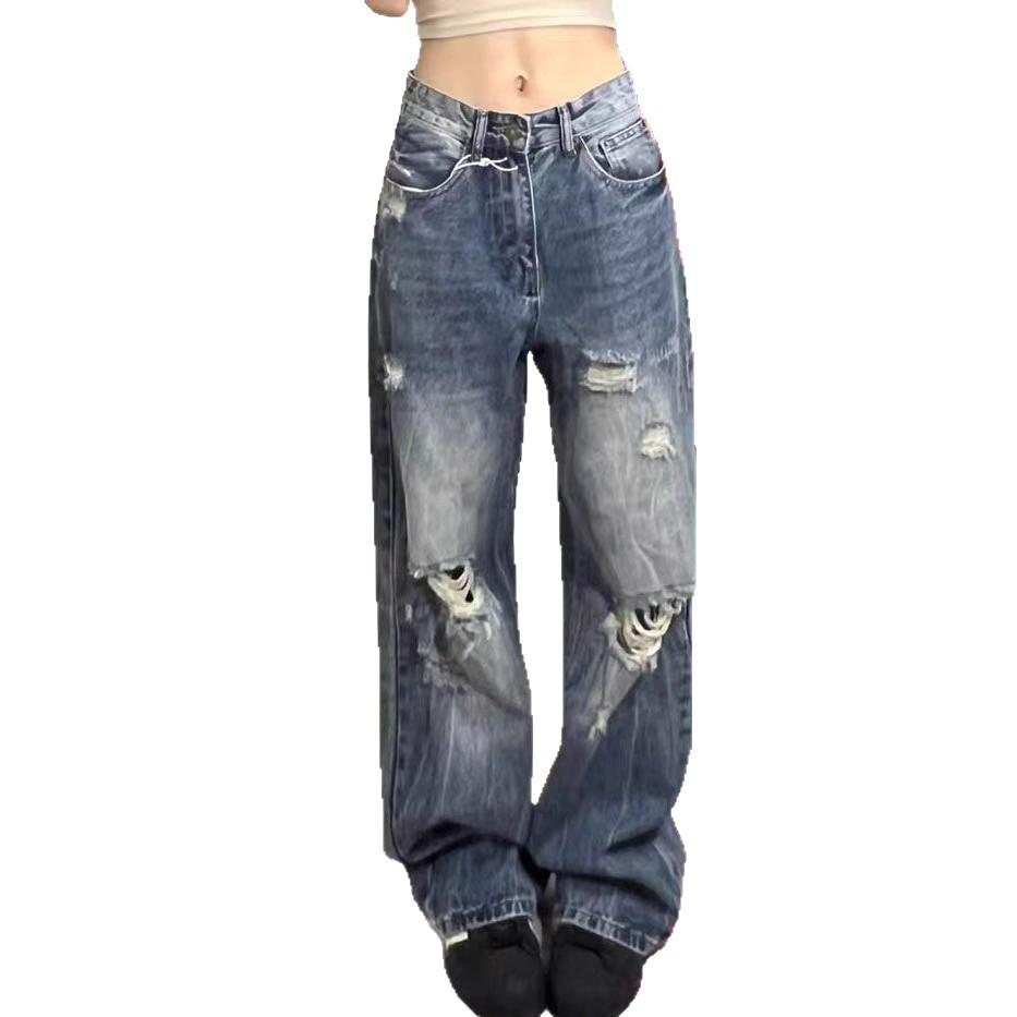 Comfortable Broken Hole Big Size Wide Leg Jeans Female Loose Hundred High Waist Trailing Straight Trousers Jeans for Women Long Denim Pants