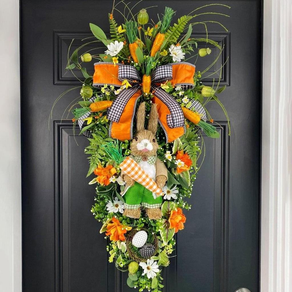 Easter Teardrop Wreath Ornament Easter Bunny Carrot Wreath Artificial Rabbit Carrot Teardrop Swag Decor For Front Door Porch