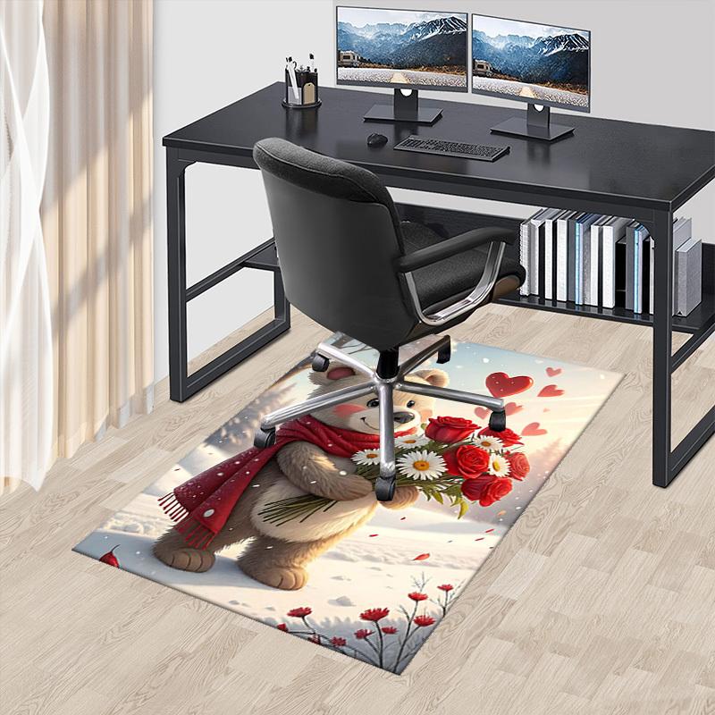 

1pc Anime Cartoon Design Valentine s Day Gift - Teddy Bear with Red Roses and Hearts Office Chair Mat Non-Slip Carpet Suitable for Home Decor Living R 60cm by 90cm