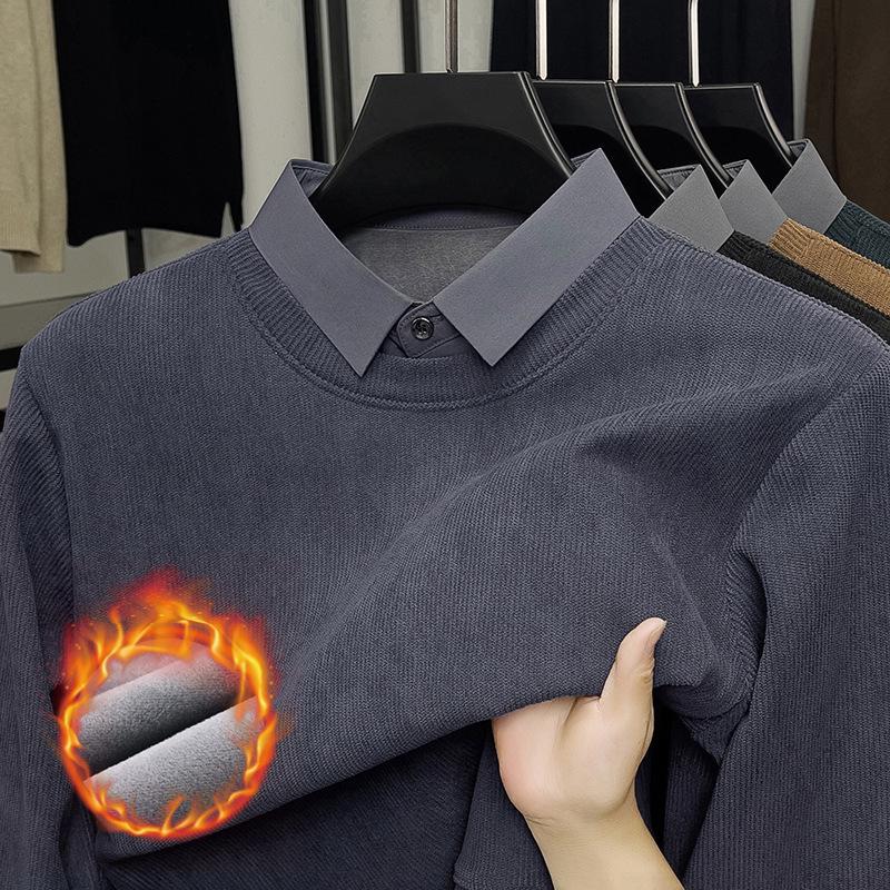 Men's Winter 2025 Faux Two-Piece Fleece-Lined Sweatshirt, Solid Color, Turn-Down Collar, Thick and Warm Long-Sleeve.