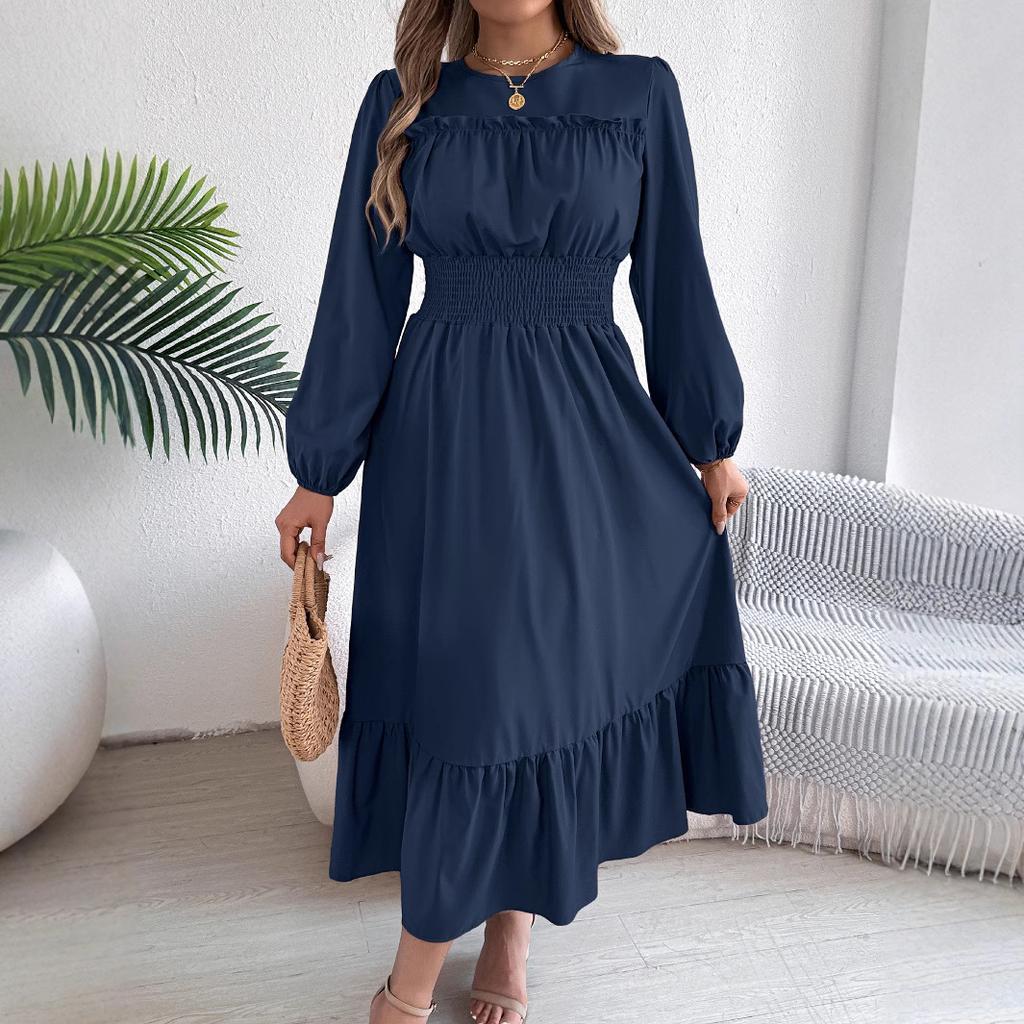 Elegant Solid-color, Black Ear-trimmed, Waist-cinched Pleated Long Dress for Women In Autumn and Winter