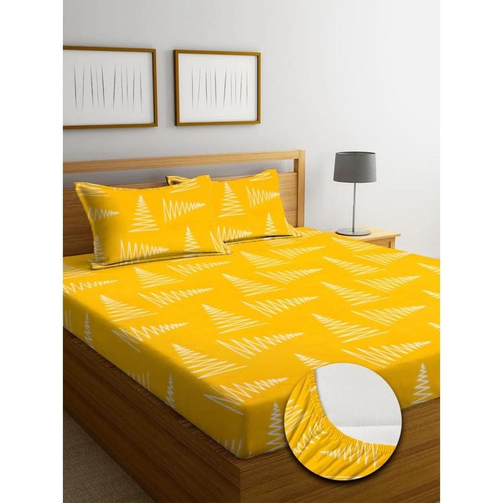 Premium Cotton Elastic Fitted Bedsheets  | Size: Bedsheet - 198.12CM x 182.88CM + 25.4CM (Drop) Pillow Cover -  46 cm x 68 cm