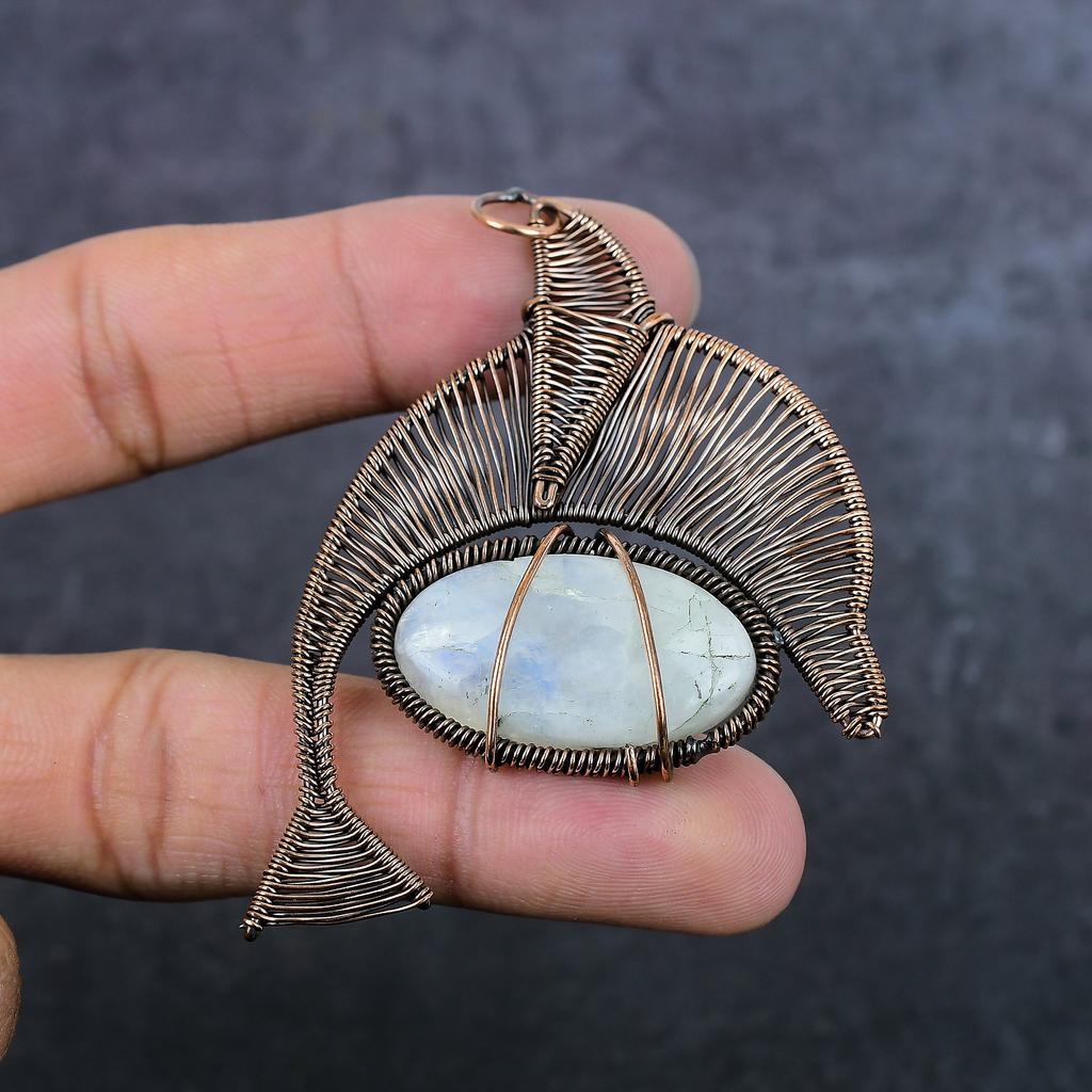 Moonstone Handmade Copper Wire Wrap Jewelry Pendant 2.96" c2C94