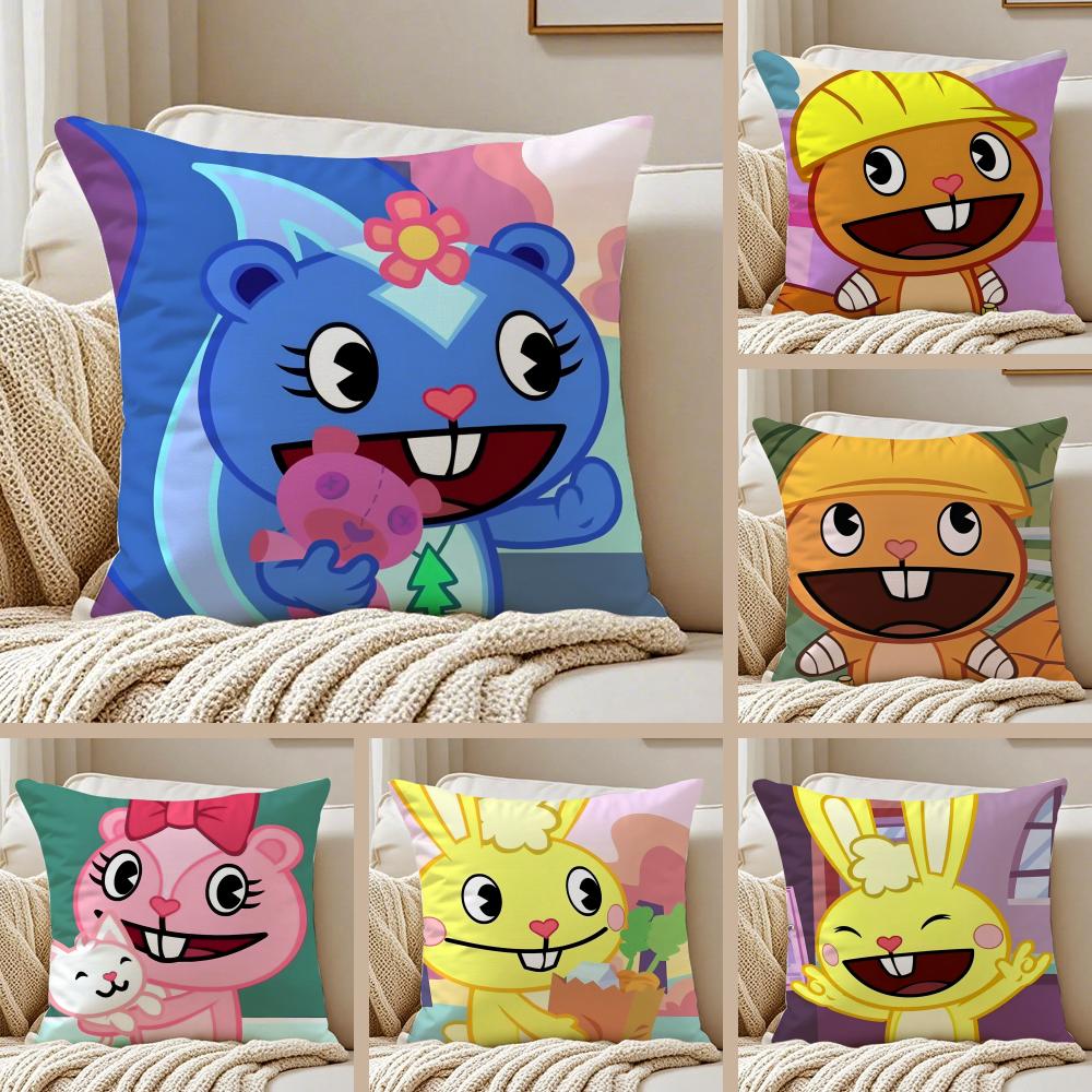 Anime Happy Tree Friends Cushion Cover Silky Short Plush DoubleSided Printed Pillow Case for Sofa All Seasons Home Decor Gift