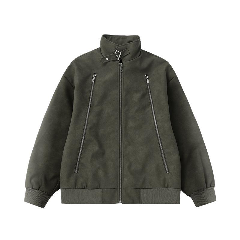 

Jiezhan Double Zipper PU Leather Jacket – Autumn/Winter New Trend American Streetwear 2025 Medium темно-зелений колір