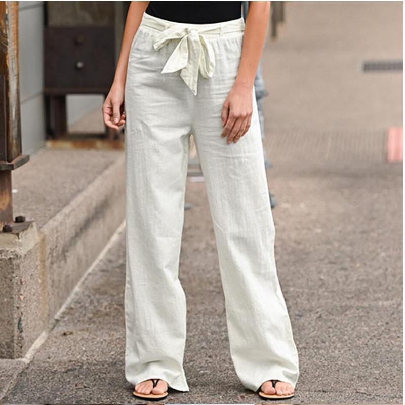 

Women s Linen Blend Wide Leg Pants Elastic High Waist Drawstring Casual Trousers S білий
