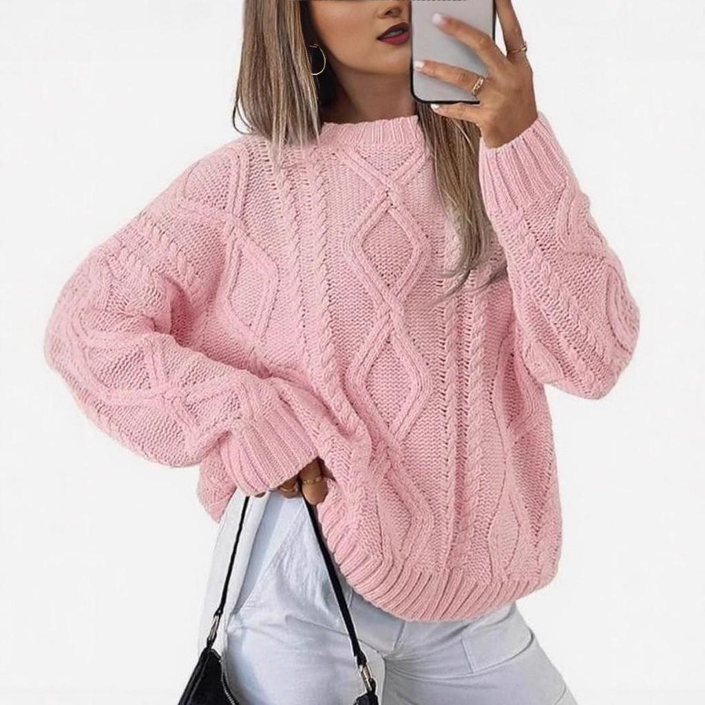 Autumn/Winter Women's Trendy Loose Knitwear: Solid Color Round Neck Cable Knit Sweater