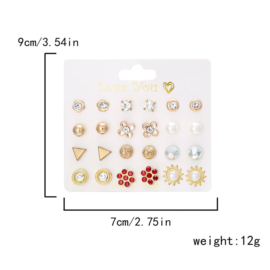 12Pairs/Set Fashion Geometric Stud Earrings Set For Women Love Heart Bowknot Rose Flower Star Moon Pearl Earrings Party Jewelry