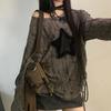 Y2K Tričko s potiskem hvězd s dírami Dámská Móda Streetwear Odhalená ramena Topy Letní Oversized Kpop Dlouhý rukáv Volná Trička Dámské Nové