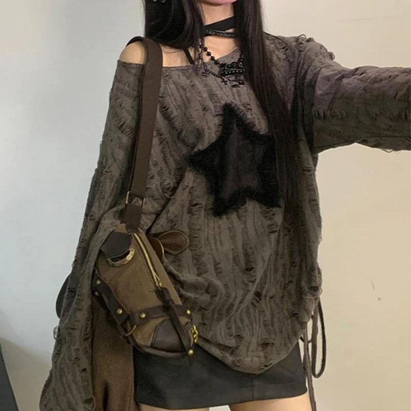 Y2K Tričko s potiskem hvězd s dírami Dámská Móda Streetwear Odhalená ramena Topy Letní Oversized Kpop Dlouhý rukáv Volná Trička Dámské Nové