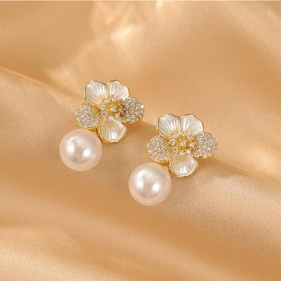Sweet Dripping Oil Zircon Pearl Flower Stud Earrings Light Luxury Temperament High Sense Earrings Mori Personality Versatile Earrings Women