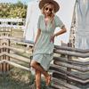 Women Summer Casual V Neck Striped Short Sleeve Button Dress Medium Long With Tassel