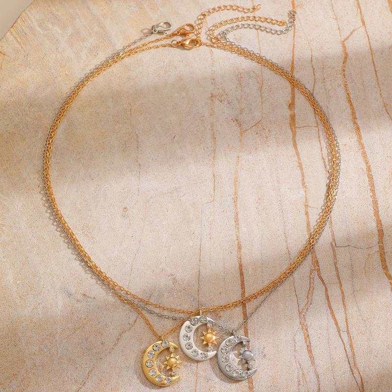 Collar Colgante Estrella Luna de Cobre Incrustado con Pedrería para Mujer Cadena Clavícula Sol Luna Metálico Brillante Joyería Y2K Regalo