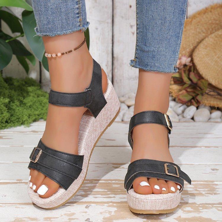 Women Plus Size Platform Sandals Summer New Buckle Strap Fish Mouth Wedge Heel Casual Sandals