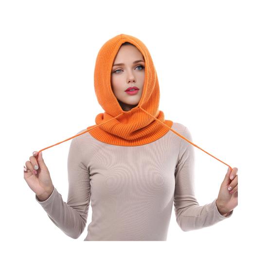 Strickmütze Schal Kombi Einfarbig Verstellbarer Kordelzug Kapuzenschal Damen Winter Warm Winddicht Elastisch Thermomütze