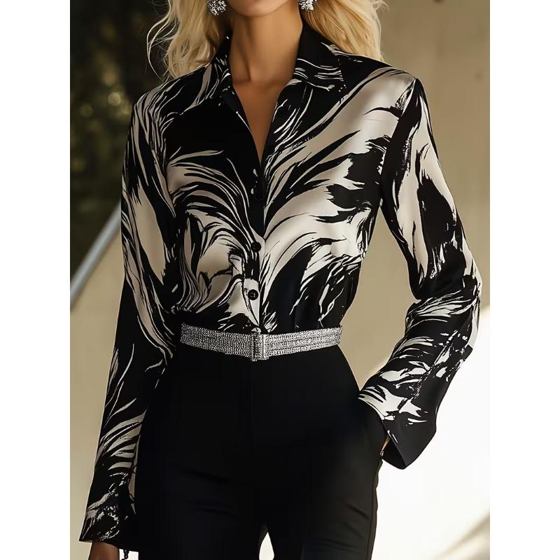 Women Spring Satin Zebra Print Long Sleeve Shirt Elegant Luxury Casual Blouse
