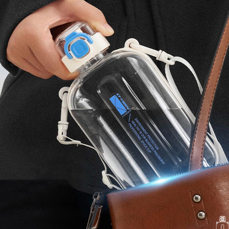 Square Flat Transparent Portable Water Bottle with adjustable strap lightweight for hiking school travel office