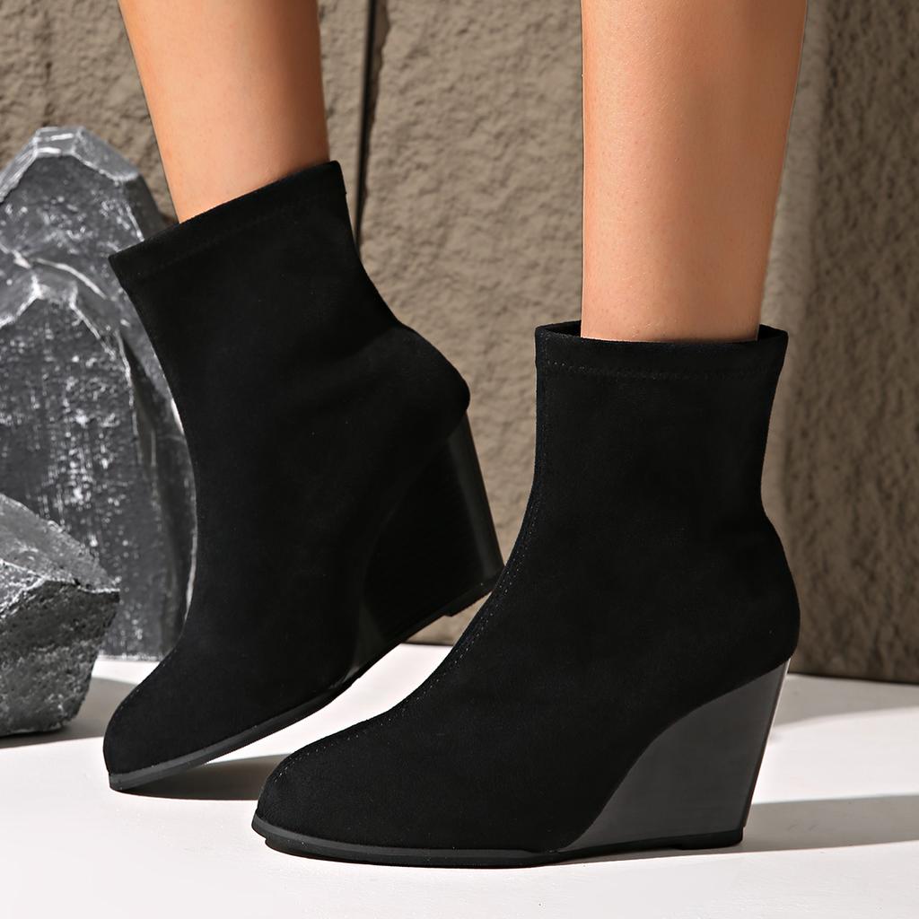 Fashion Solid Color Wedge Heels Ankle Boots for Women 2024 Autumn Fashion Slip On Black Booties Woman Plus Size Comfortable Short Boots