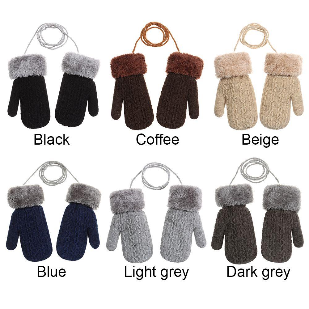 For 1-4 Years Winter Hanging Neck Faux Fur  Gloves Thick Warm Knitted Mittens Cute Cartoon