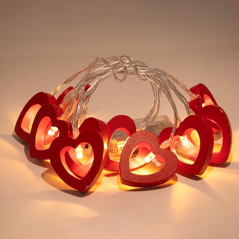 10pcs Valentine's Day Wooden Heart String Lights LED Fairy Lights Hanging Wood Love Lamp Garland Valentine's Day Wedding Decor