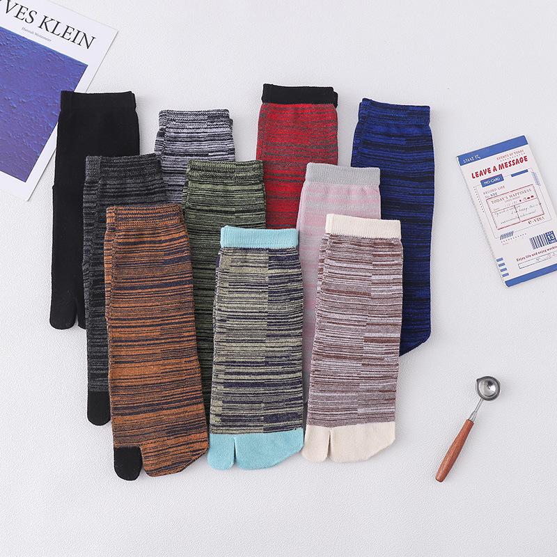 Two-Toe Cotton Socks: Striped, Sweat-Absorbent, Mid-Tube Style for All Seasons, Unisex Split-Toe Design