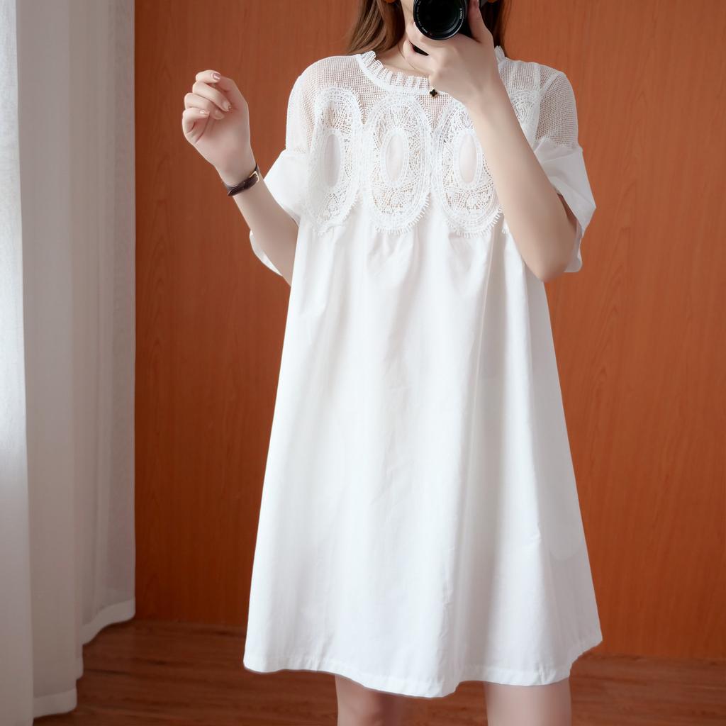 Western Style Plus Size Women's Summer Dress Fat Sister Lace Mesh Stitching Short Sleeves