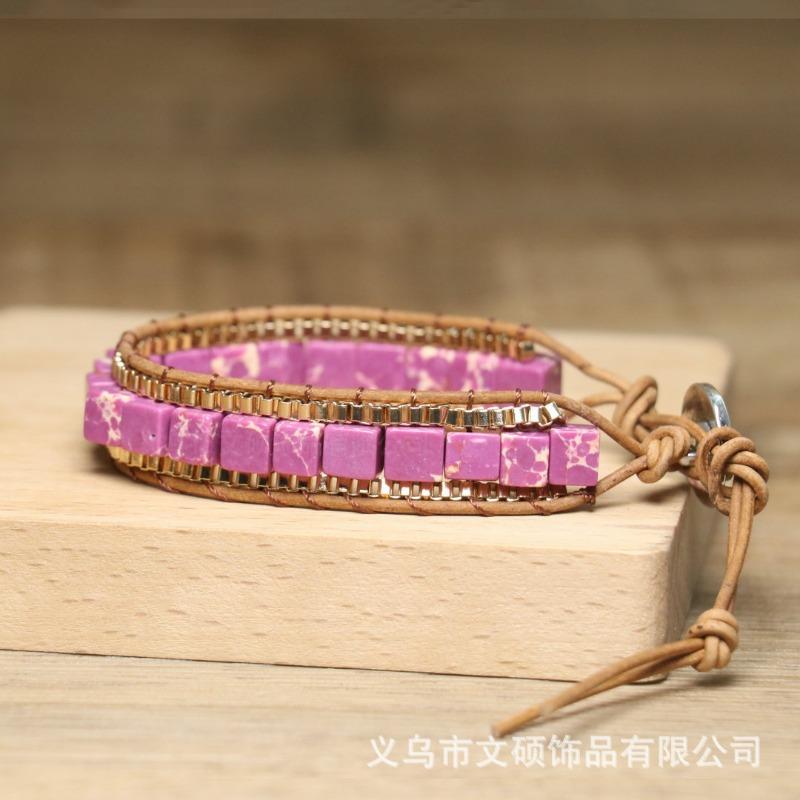 Purple Imperial Jasper Square Bead Wrap Bracelet – Gold Accent Leather Boho Jewelry, Passion Protection Gift for Women