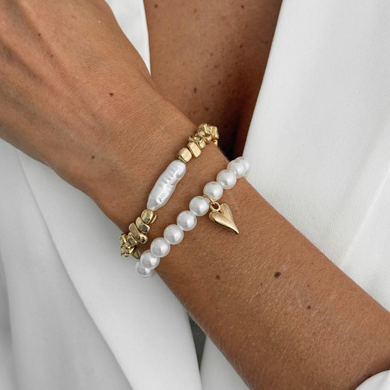 2Pcs/Set New Imitation Pearls Metal Heart Pendant Bracelets Women Fashion Creative Sliver Color Cube Chain Jewelry Gifts