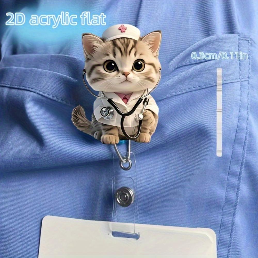 2D Acrylic Cute Nurse Cat Retractable Badge Reel Clip Brooch For Nurses RN LPN Students ID Card Holder