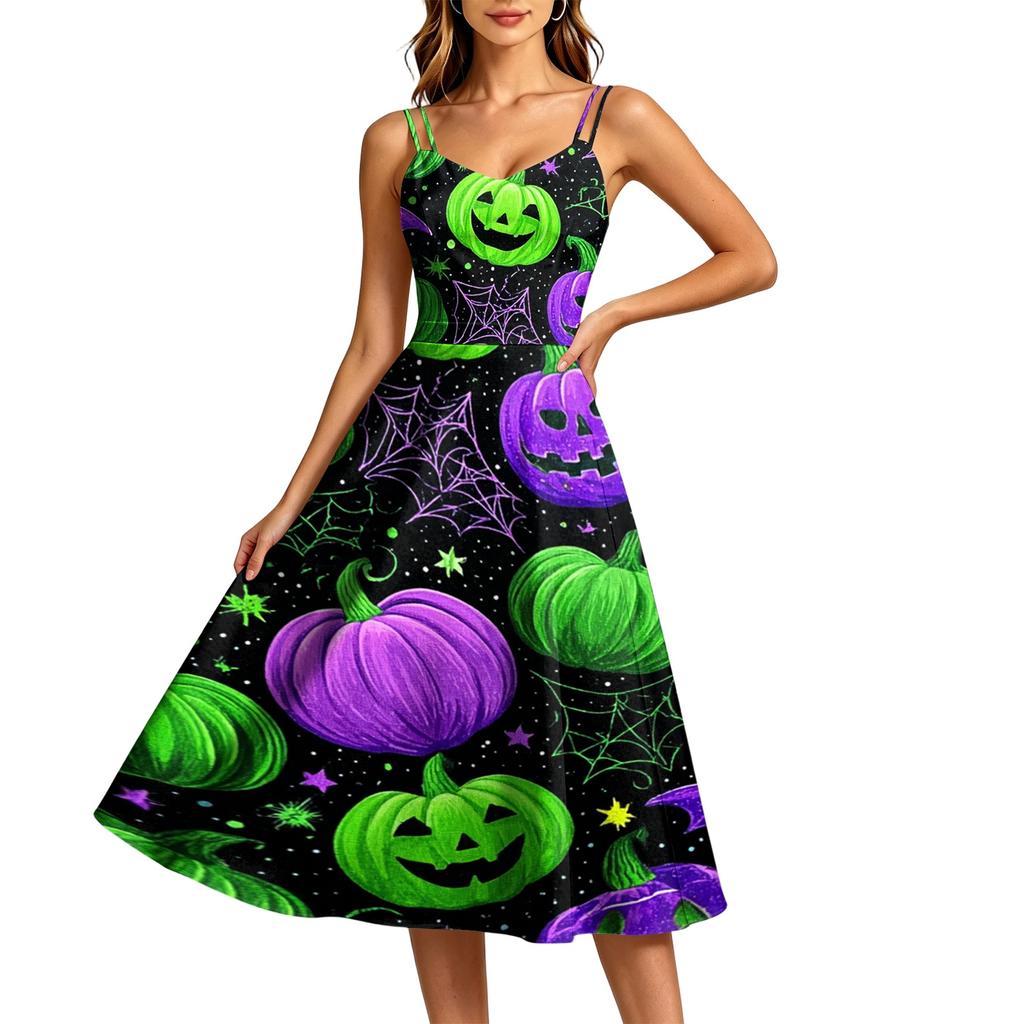 Women's Casual Halloween Print Round Neck Sleeveless Dress for Holiday Party