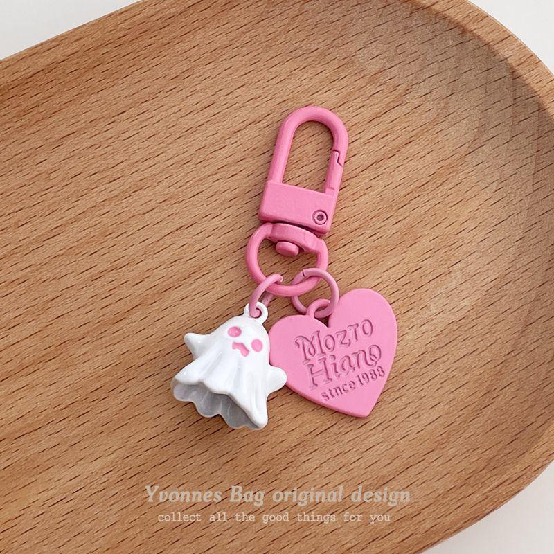Sweet Little Ghost Heart Pendant Keychain - Pink & Black Round Buckle