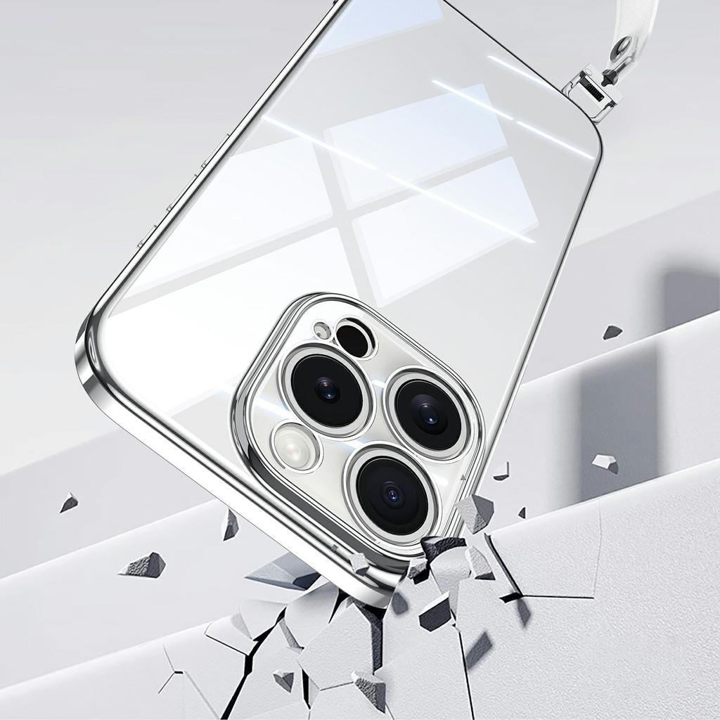 SULADA For iPhone 14 Pro Max Case Electroplating Ultra Clear Soft TPU Phone Cover with PU Wrist Strap