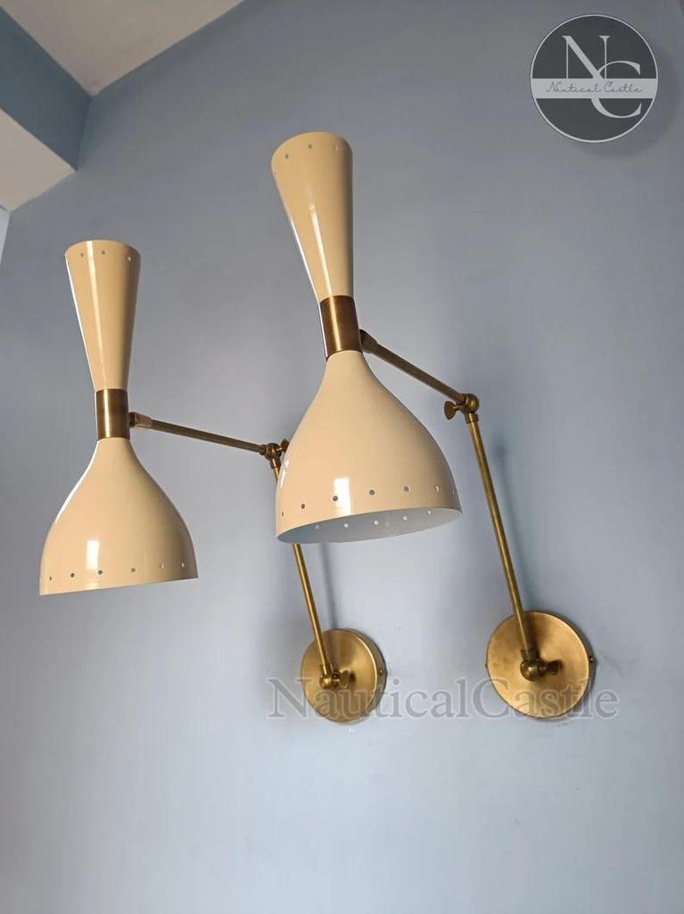 Mid Century Italian Brass Wall Sconce Pair: Cream Diablo Stilnovo Style