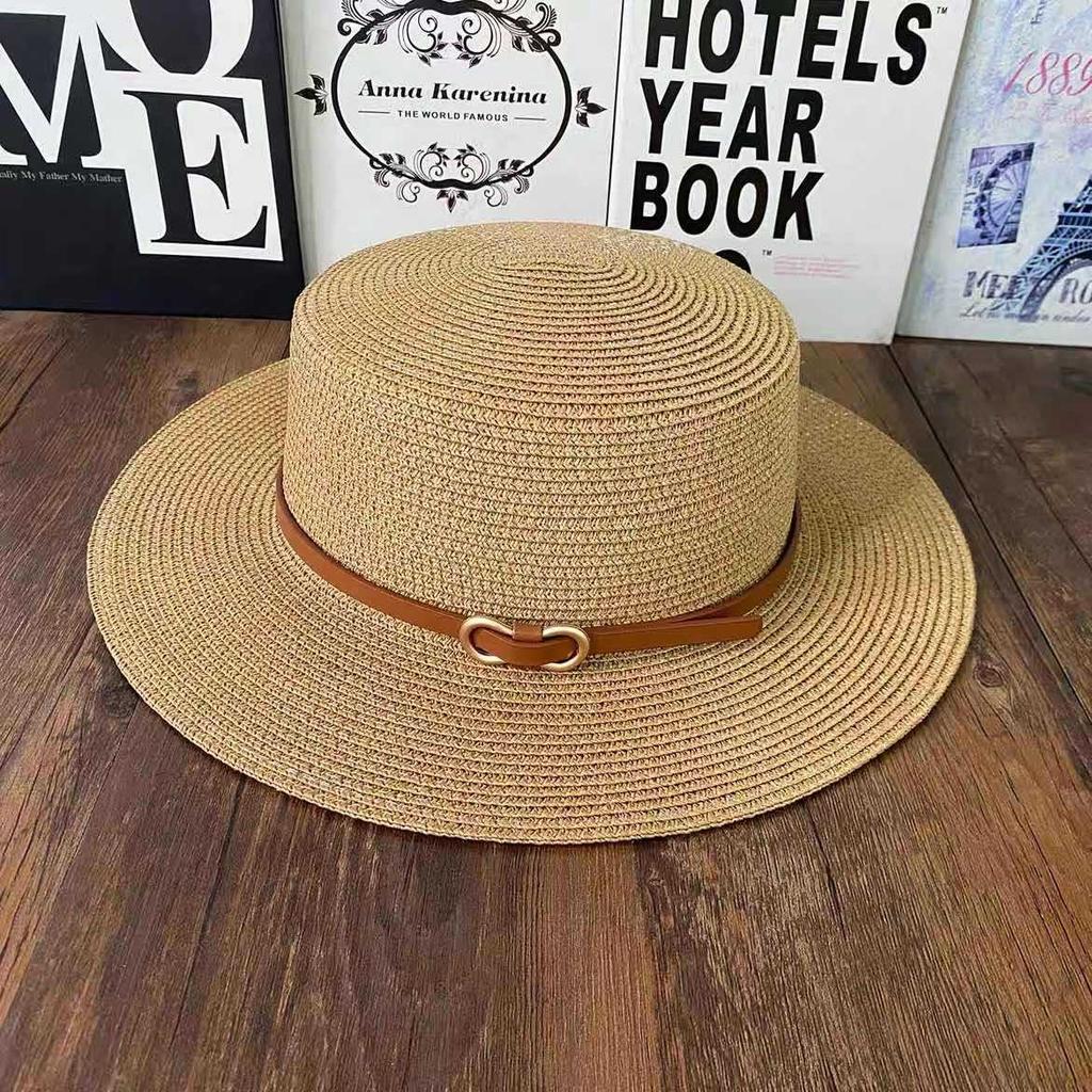 Small Fresh Flat Top Straw Hat Women's Summer Beach Sun Protection Casual Sun Hat French Fashion Temperament Belt Buckle Top Hat