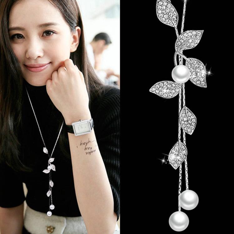 Korean Spring Pearl Leaf Tassel Necklace Pendant for Sweaters