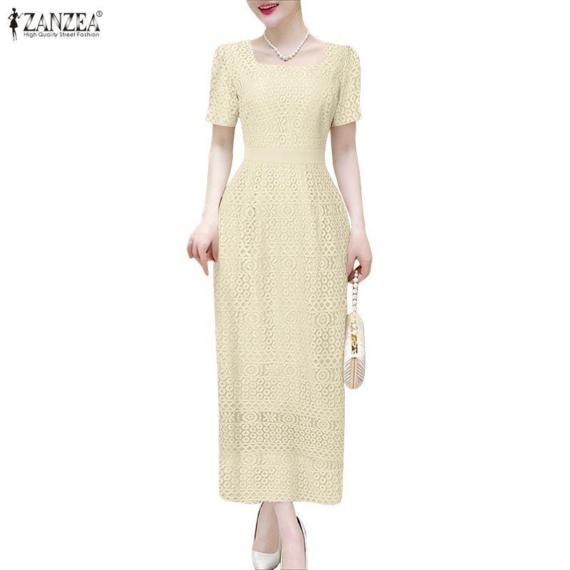 ZANZEA Women Square Collar Summer Casual Short Sleeve Patchwork Lace Dress