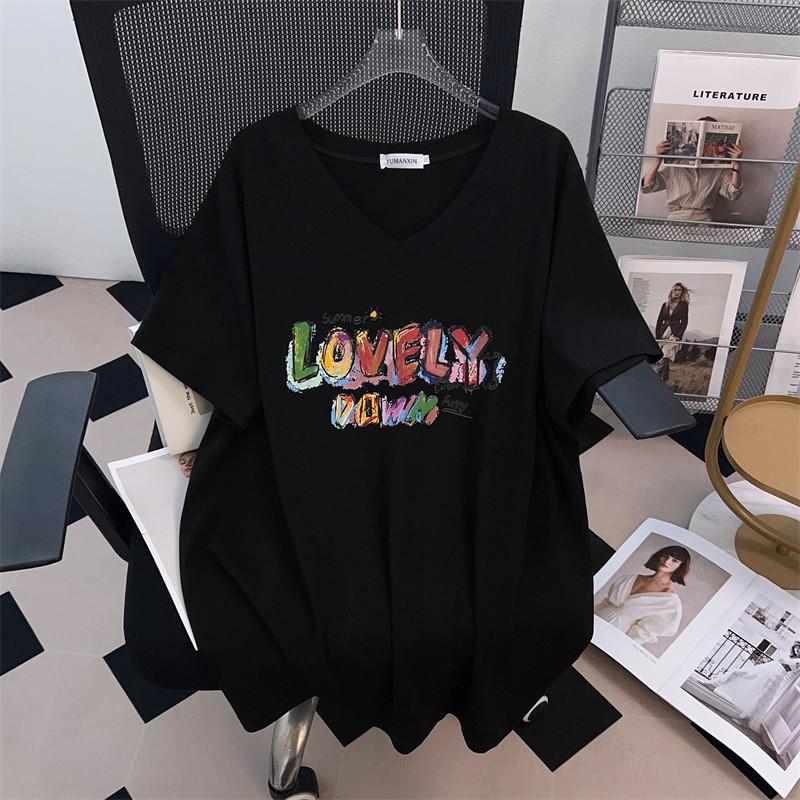 Plus Size V-Neck Slimming Mid-Length Loose T-Shirt for Women, Short-Sleeved, Covers Belly, Available In 200/300/350 Jin.
