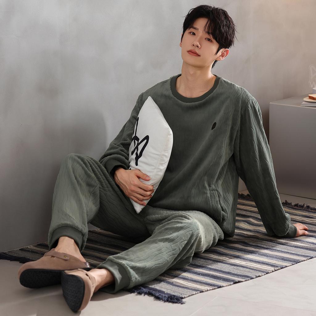 Men'S Pajamas Men'S Winter Flannel Thickened Fleece Autumn And Winter Coral Fleece Loungewear