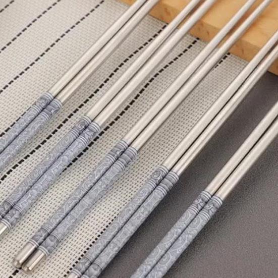 5 pares de palillos chinos de acero inoxidable elegantes antideslizantes con diseño de porcelana para comida