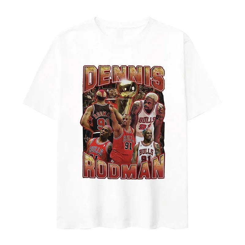 Dennis Rodman Chicago Bulls 91 Vintage Bootleg Maglietta Grafica da Basket, Maglietta Oversize NBA Streetwear, Top Casual Unisex