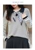 Women's French Polo Collar Knit Shirt with Scarf, Color Block Long Sleeve Autumn Sweater
