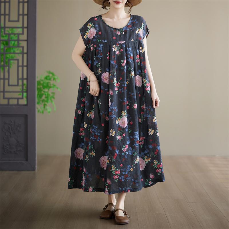 DIMANAF New 2026 Summer Beach Women Plus Size Cotton Vintage Lady Loose Oversize Long Dress Floral Print