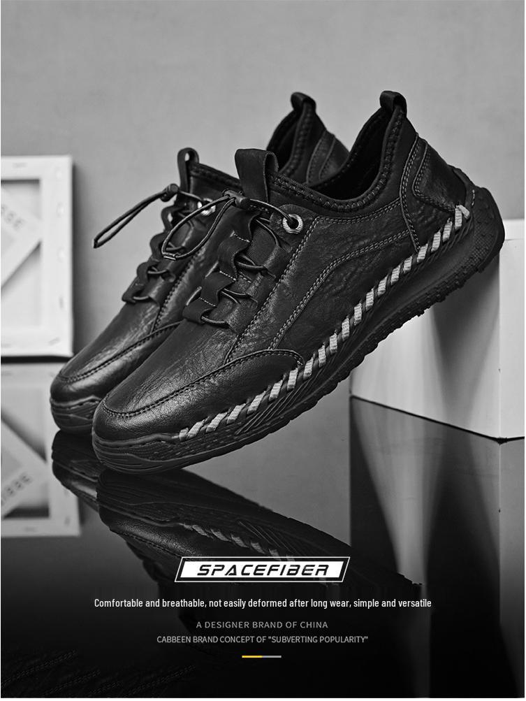 Men's Lazy Elastic Band Stitching Leather Shoes - Stylish Low-top Slip-On Sports Sneakers for Spring and Autumn.