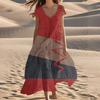 Women's Summer Fashion V-Neck Beach Long Short Sleeve Striped Geometric Print Dresses