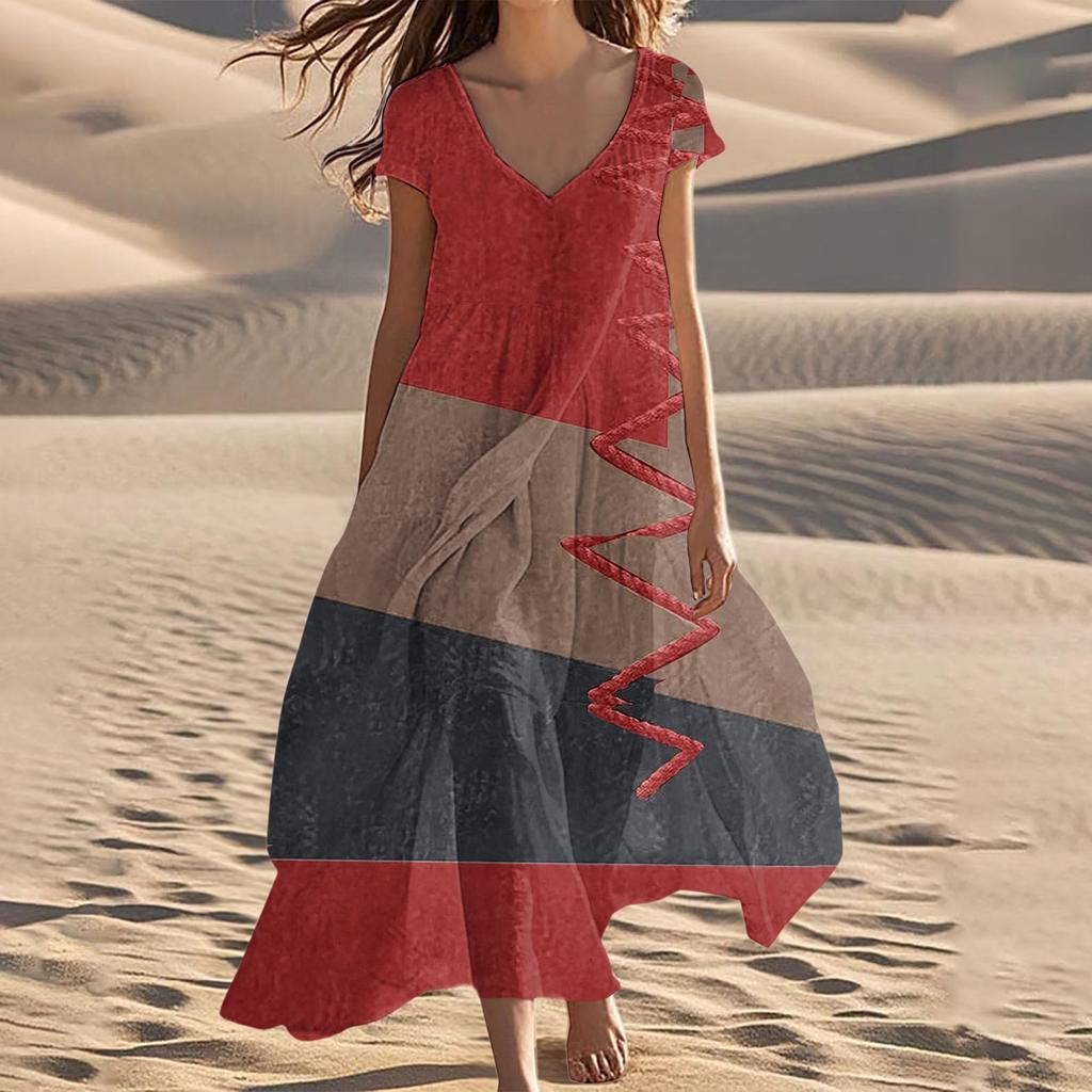 Women's Summer Fashion V-Neck Beach Long Short Sleeve Striped Geometric Print Dresses