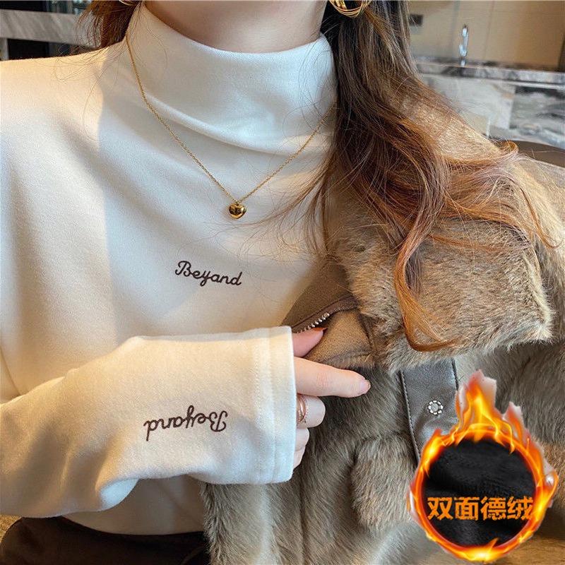 German velvet semi-turtleneck bottoming shirt for women's autumn and winter velvet slim-fitting and thin inner top long-sleeved shirt