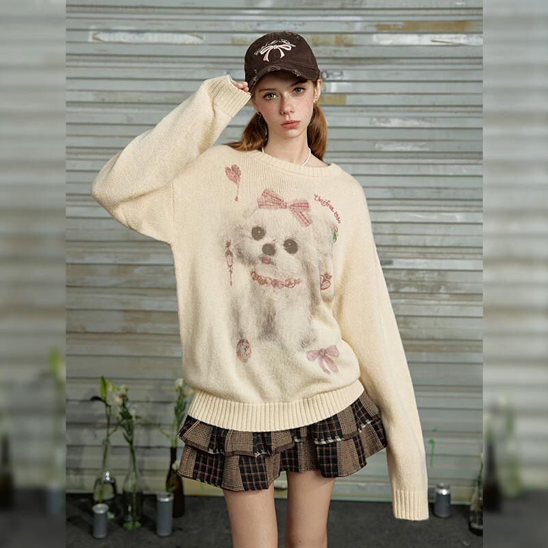UNIFREE Women's Cute Dog Jacquard Loose-Fit Sweater