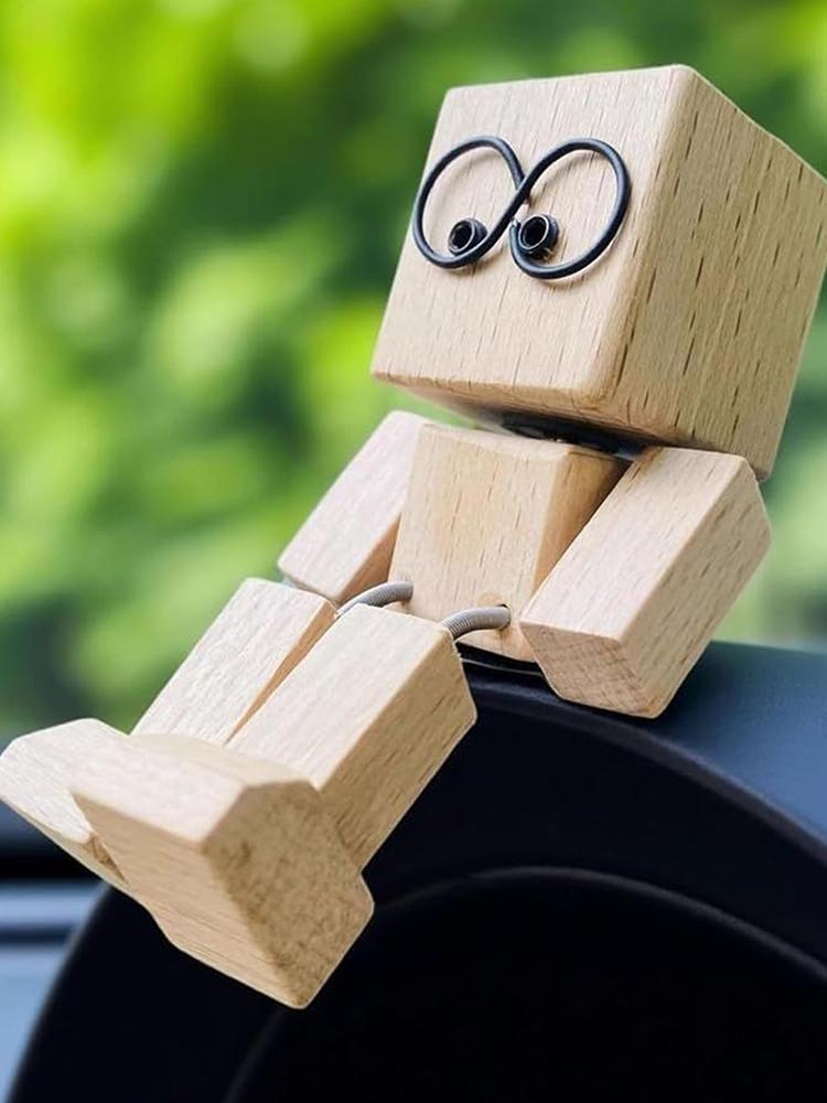 Creative Statue Shaking Wooden Man Figurine Man Tabletop Decor for Car Dashboard Study Shelf Display Desk Bedroom Living Room