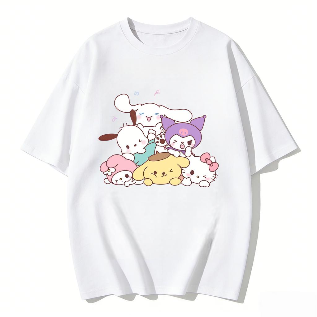 Summer Cute Sanrio Characters Stacked Print Tshirt Casual Short Sleeve Tees for Mom and Daughter Sweet Family Matching Outfits